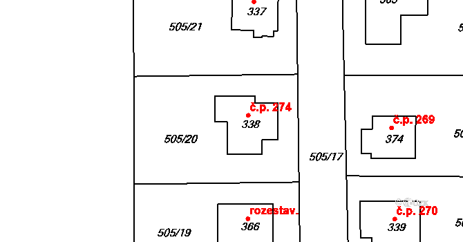 Broumy 274 na parcele st. 338 v KÚ Broumy, Katastrální mapa
