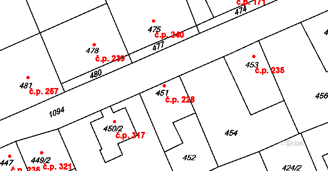 Samotišky 228 na parcele st. 451 v KÚ Samotíšky, Katastrální mapa