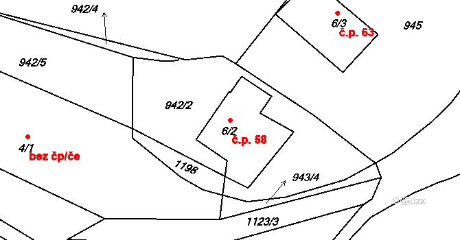 Sukorady 58, Snědovice na parcele st. 6/2 v KÚ Sukorady, Katastrální mapa