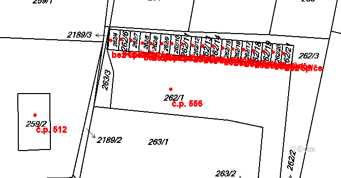 Březnice 556 na parcele st. 262/1 v KÚ Březnice, Katastrální mapa