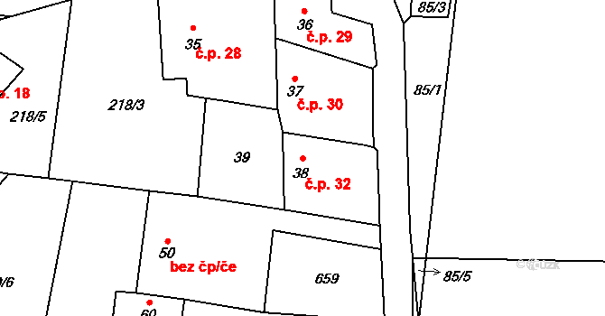 Sedlo 32, Střelské Hoštice na parcele st. 38 v KÚ Sedlo u Horažďovic, Katastrální mapa