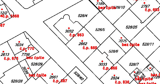Borovina 660, Třebíč na parcele st. 2662 v KÚ Třebíč, Katastrální mapa