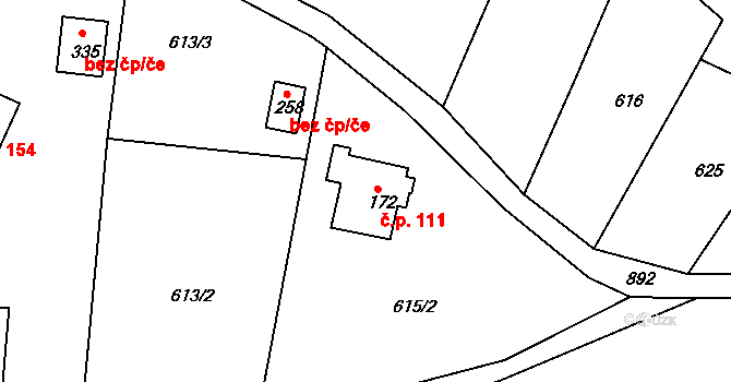 Bzí 111, Železný Brod na parcele st. 172 v KÚ Bzí u Železného Brodu, Katastrální mapa