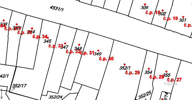 Teplice 30 na parcele st. 349 v KÚ Teplice, Katastrální mapa