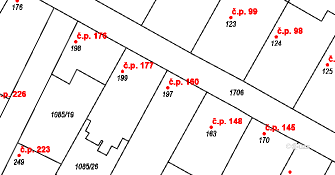 Čečelice 160 na parcele st. 197 v KÚ Čečelice, Katastrální mapa