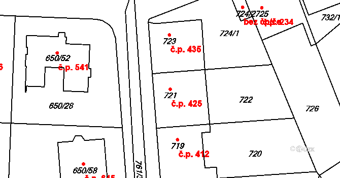 Dubeč 425, Praha na parcele st. 721 v KÚ Dubeč, Katastrální mapa
