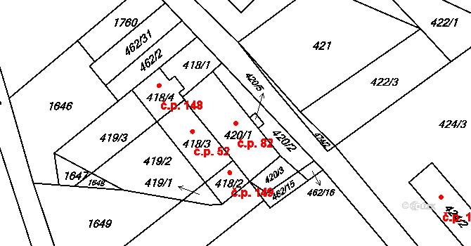 Tušť 82, Suchdol nad Lužnicí na parcele st. 420/1 v KÚ Tušť, Katastrální mapa