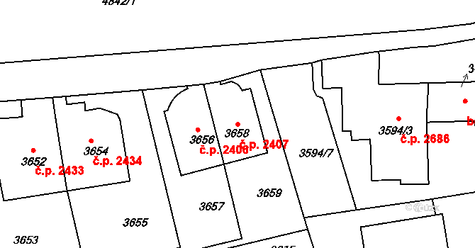 Smíchov 2407, Praha na parcele st. 3658 v KÚ Smíchov, Katastrální mapa