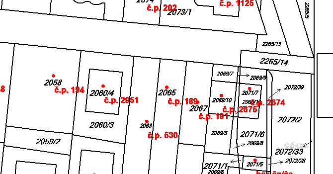 Stodůlky 189, Praha na parcele st. 2065 v KÚ Stodůlky, Katastrální mapa