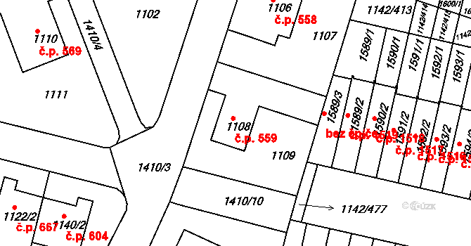 Řepy 559, Praha na parcele st. 1108 v KÚ Řepy, Katastrální mapa