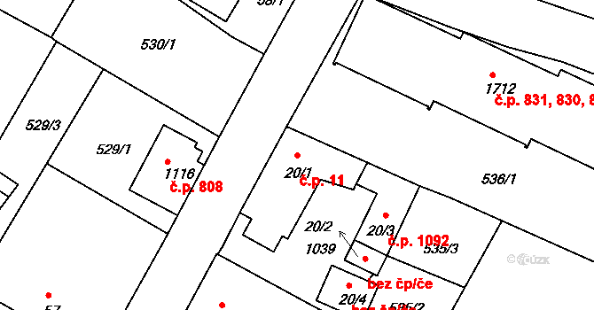 Sezimovo Ústí 11 na parcele st. 20/1 v KÚ Sezimovo Ústí, Katastrální mapa