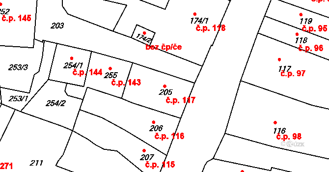 Česká Lípa 117 na parcele st. 205 v KÚ Česká Lípa, Katastrální mapa