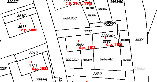 Jirkov 1103 na parcele st. 3887 v KÚ Jirkov, Katastrální mapa