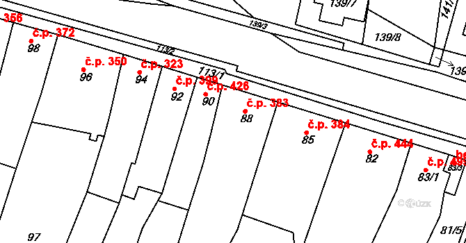 Blučina 383 na parcele st. 88 v KÚ Blučina, Katastrální mapa