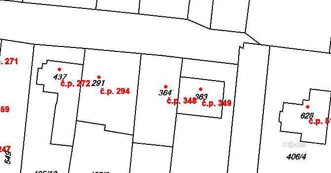 Čechovice 348, Prostějov na parcele st. 364 v KÚ Čechovice u Prostějova, Katastrální mapa