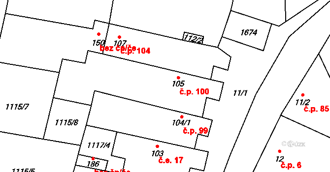 Brníkov 100, Mšené-lázně na parcele st. 105 v KÚ Brníkov, Katastrální mapa