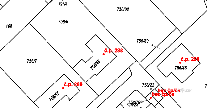 Kobeřice u Brna 288 na parcele st. 756/48 v KÚ Kobeřice u Brna, Katastrální mapa
