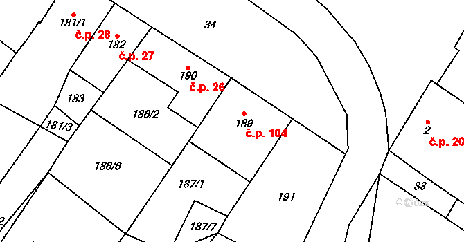Místo 104 na parcele st. 189 v KÚ Místo, Katastrální mapa