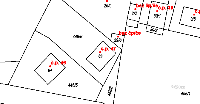 Všehrdy 47 na parcele st. 63 v KÚ Všehrdy, Katastrální mapa