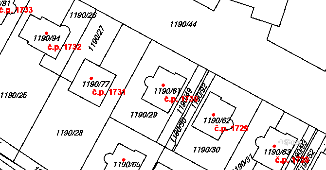 Hostivice 1730 na parcele st. 1190/61 v KÚ Hostivice, Katastrální mapa