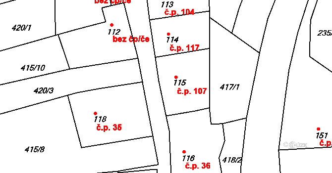 Rabí 107 na parcele st. 115 v KÚ Rabí, Katastrální mapa