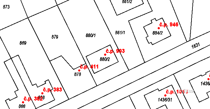 Hronov 993 na parcele st. 880/2 v KÚ Hronov, Katastrální mapa