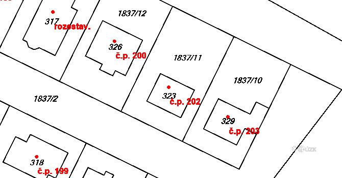 Drysice 202 na parcele st. 323 v KÚ Drysice, Katastrální mapa