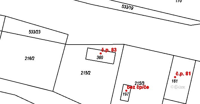 Zámostí 83, Písková Lhota na parcele st. 360 v KÚ Písková Lhota, Katastrální mapa