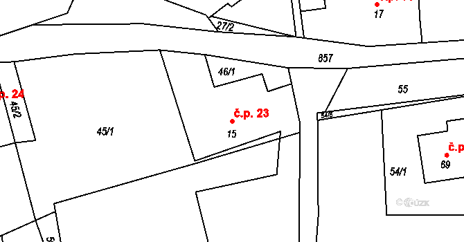 Oucmanice 23 na parcele st. 15 v KÚ Oucmanice, Katastrální mapa