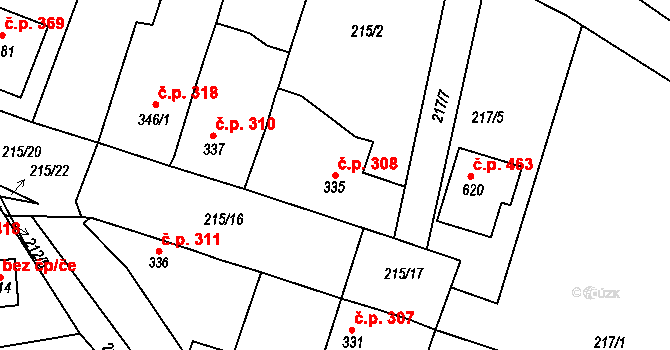 Byšice 308 na parcele st. 335 v KÚ Byšice, Katastrální mapa