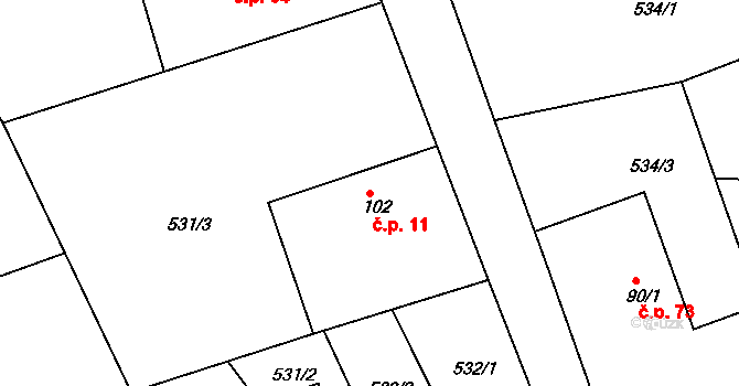 Nový Dvůr 11, Podhořany u Ronova na parcele st. 102 v KÚ Podhořany u Ronova, Katastrální mapa