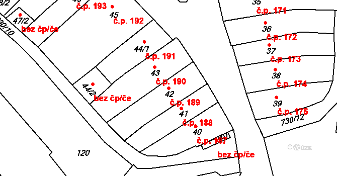 Broumov 189 na parcele st. 42 v KÚ Broumov, Katastrální mapa