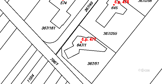 Sady 477, Uherské Hradiště na parcele st. 647/1 v KÚ Sady, Katastrální mapa