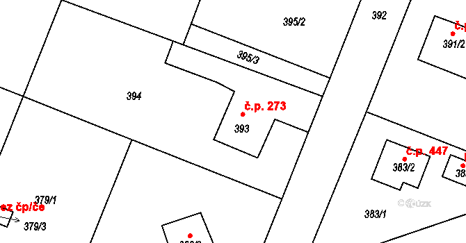Zruč 273, Zruč-Senec na parcele st. 393 v KÚ Zruč, Katastrální mapa