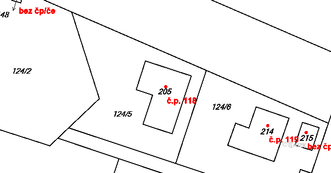 Loukovec 118 na parcele st. 205 v KÚ Loukovec, Katastrální mapa