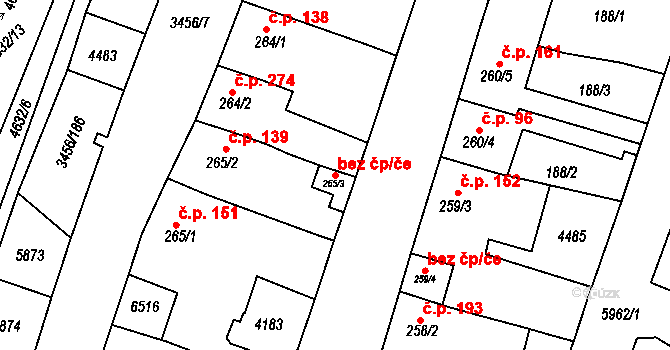 Hrušovany nad Jevišovkou 94904600 na parcele st. 265/3 v KÚ Hrušovany nad Jevišovkou, Katastrální mapa