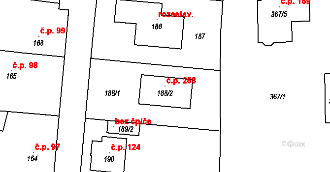 Kamenný Újezd 258, Nýřany na parcele st. 188/2 v KÚ Kamenný Újezd u Nýřan, Katastrální mapa