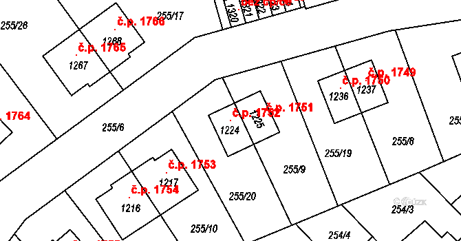 Švermov 1752, Kladno na parcele st. 1224 v KÚ Hnidousy, Katastrální mapa