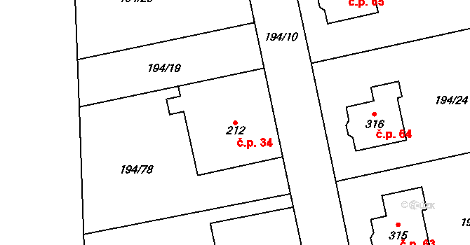 Veleliby 34, Dvory na parcele st. 212 v KÚ Dvory u Nymburka, Katastrální mapa