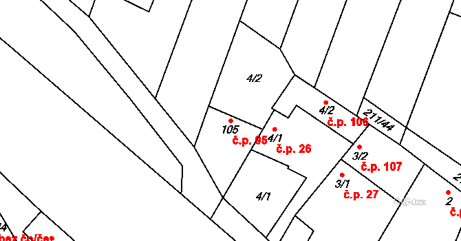 Skoky 95, Dolní Újezd na parcele st. 105 v KÚ Skoky u Staměřic, Katastrální mapa