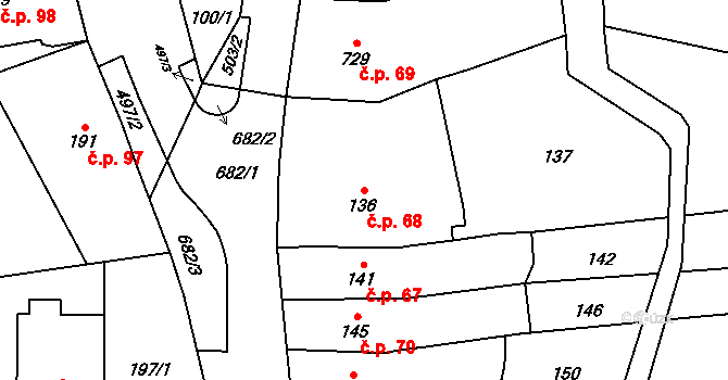 Přerov XIII-Penčice 68, Přerov na parcele st. 136 v KÚ Penčičky, Katastrální mapa