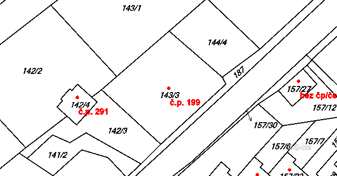 Dalovice 199 na parcele st. 143/3 v KÚ Dalovice, Katastrální mapa