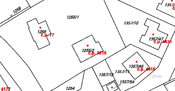 Mšeno nad Nisou 3615, Jablonec nad Nisou na parcele st. 1255/2 v KÚ Mšeno nad Nisou, Katastrální mapa