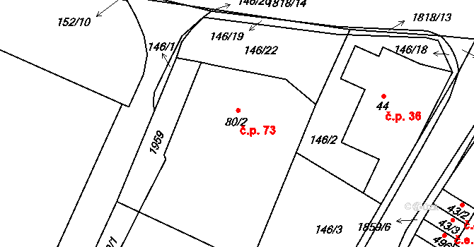 Dobronín 73 na parcele st. 80/2 v KÚ Dobronín, Katastrální mapa