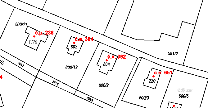 Kamenný Újezdec 362, Kamenný Přívoz na parcele st. 803 v KÚ Kamenný Přívoz, Katastrální mapa