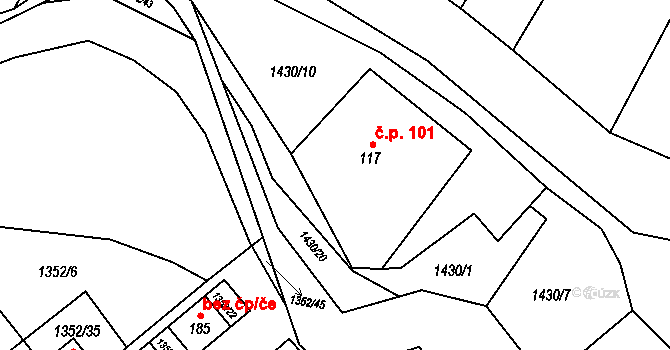 Mrlínek 101 na parcele st. 117 v KÚ Mrlínek, Katastrální mapa