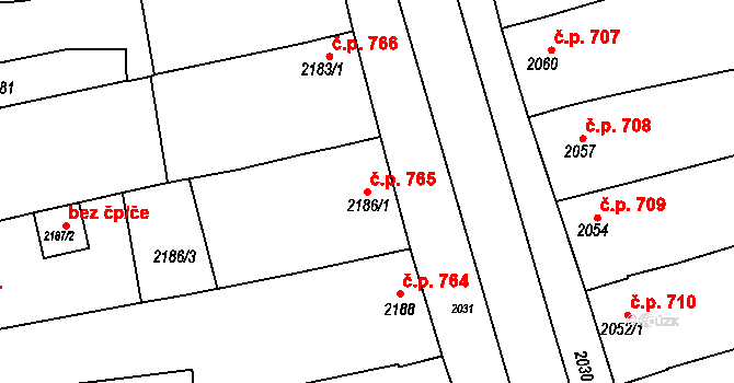 Slavíkovice 765, Rousínov na parcele st. 2186/1 v KÚ Rousínov u Vyškova, Katastrální mapa