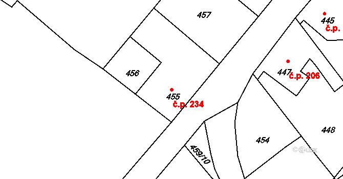 Donín 234, Hrádek nad Nisou na parcele st. 455 v KÚ Donín u Hrádku nad Nisou, Katastrální mapa