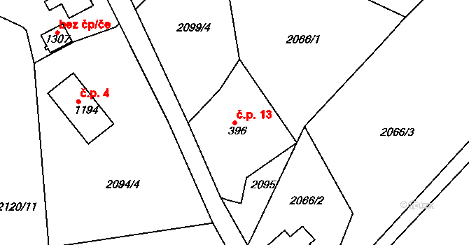 Horní Rokytnice 13, Rokytnice nad Jizerou na parcele st. 396 v KÚ Horní Rokytnice nad Jizerou, Katastrální mapa