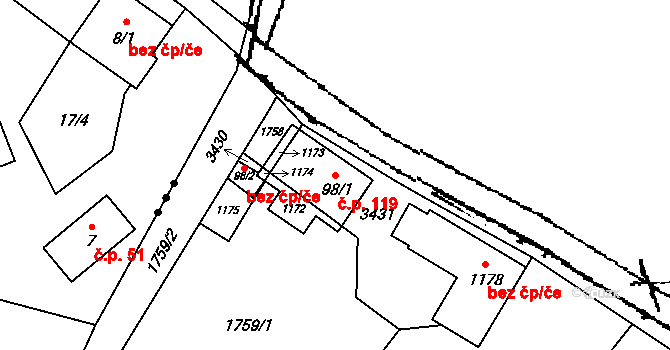 Písek 119 na parcele st. 98/1 v KÚ Písek u Jablunkova, Katastrální mapa